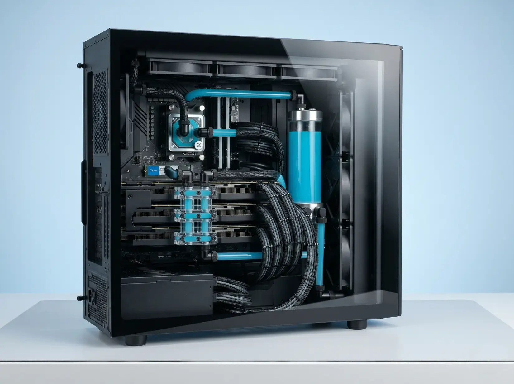 BIZON custom water-cooled AI workstation with multi-GPU liquid cooling loop
