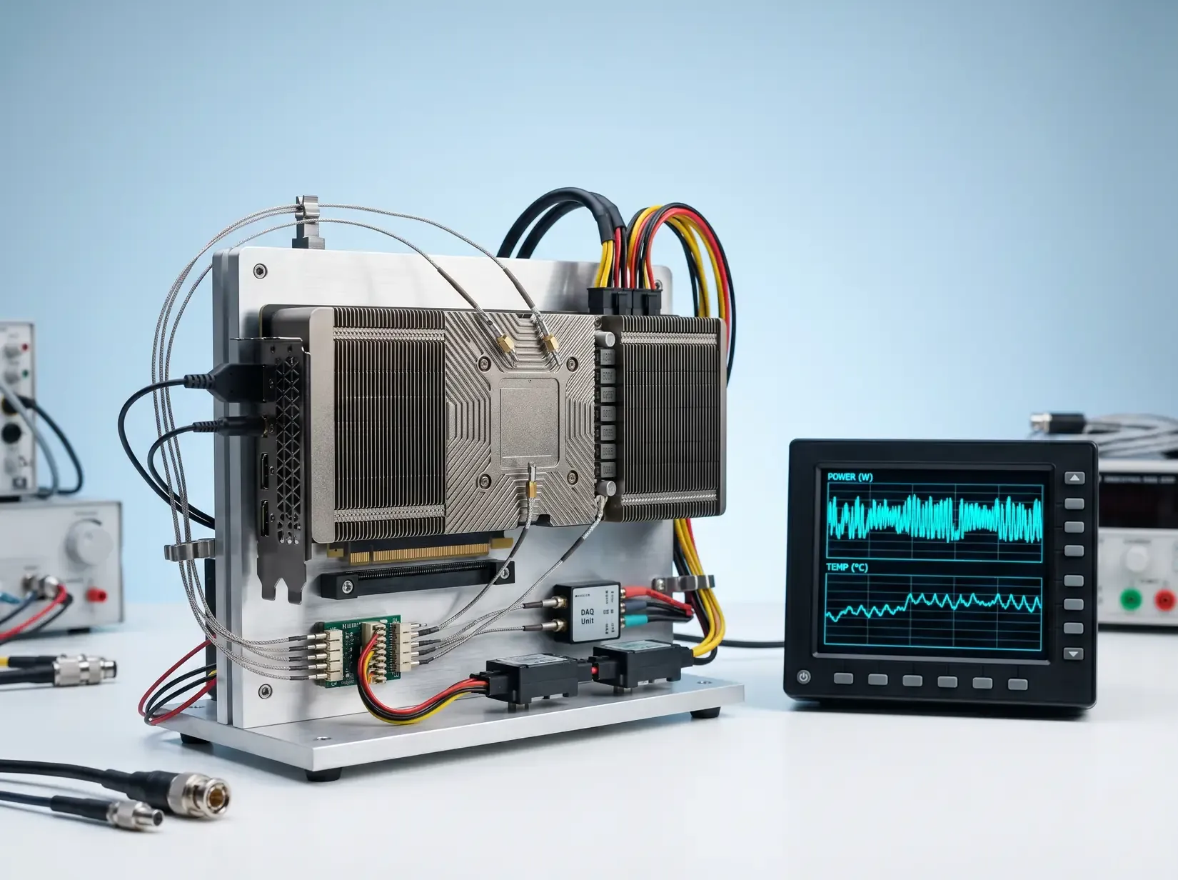 BIZON R&D test lab benchmarking NVIDIA GPUs under sustained AI workload