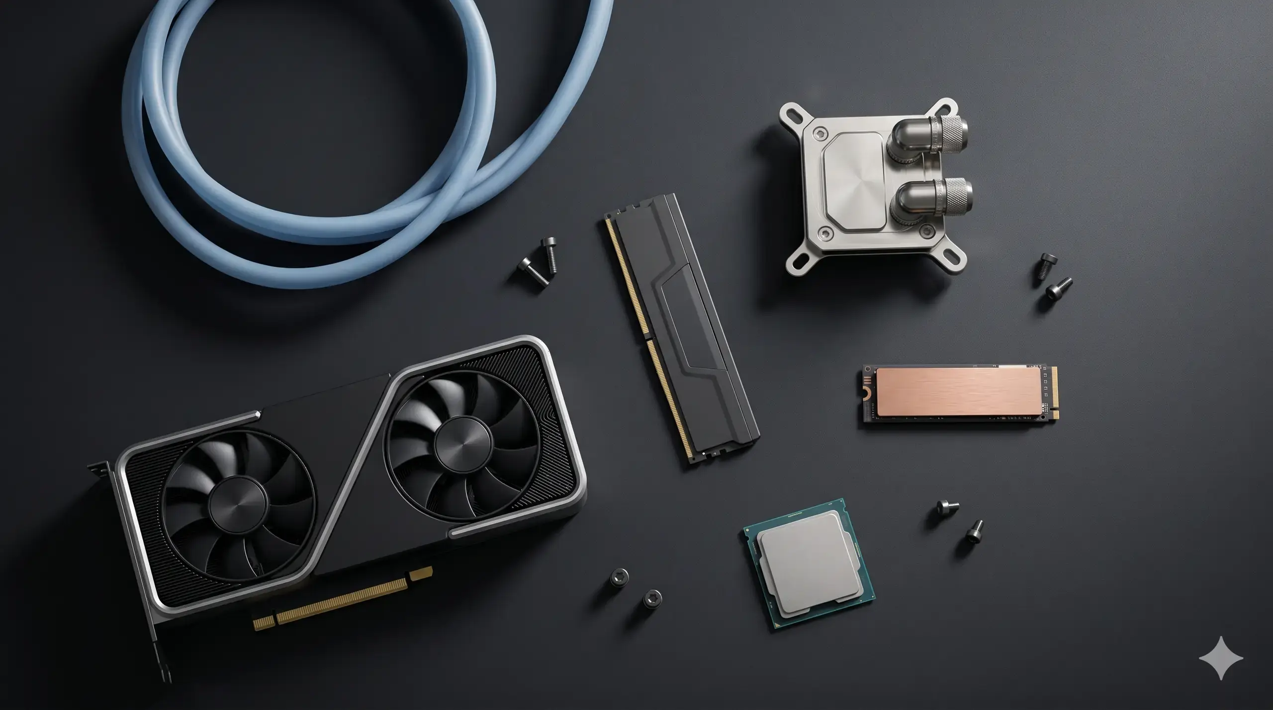 Top-down flat lay on graphite: pro GPU, CPU water block, DDR5 stick, M.2 NVMe SSD, CPU, blue water tubing