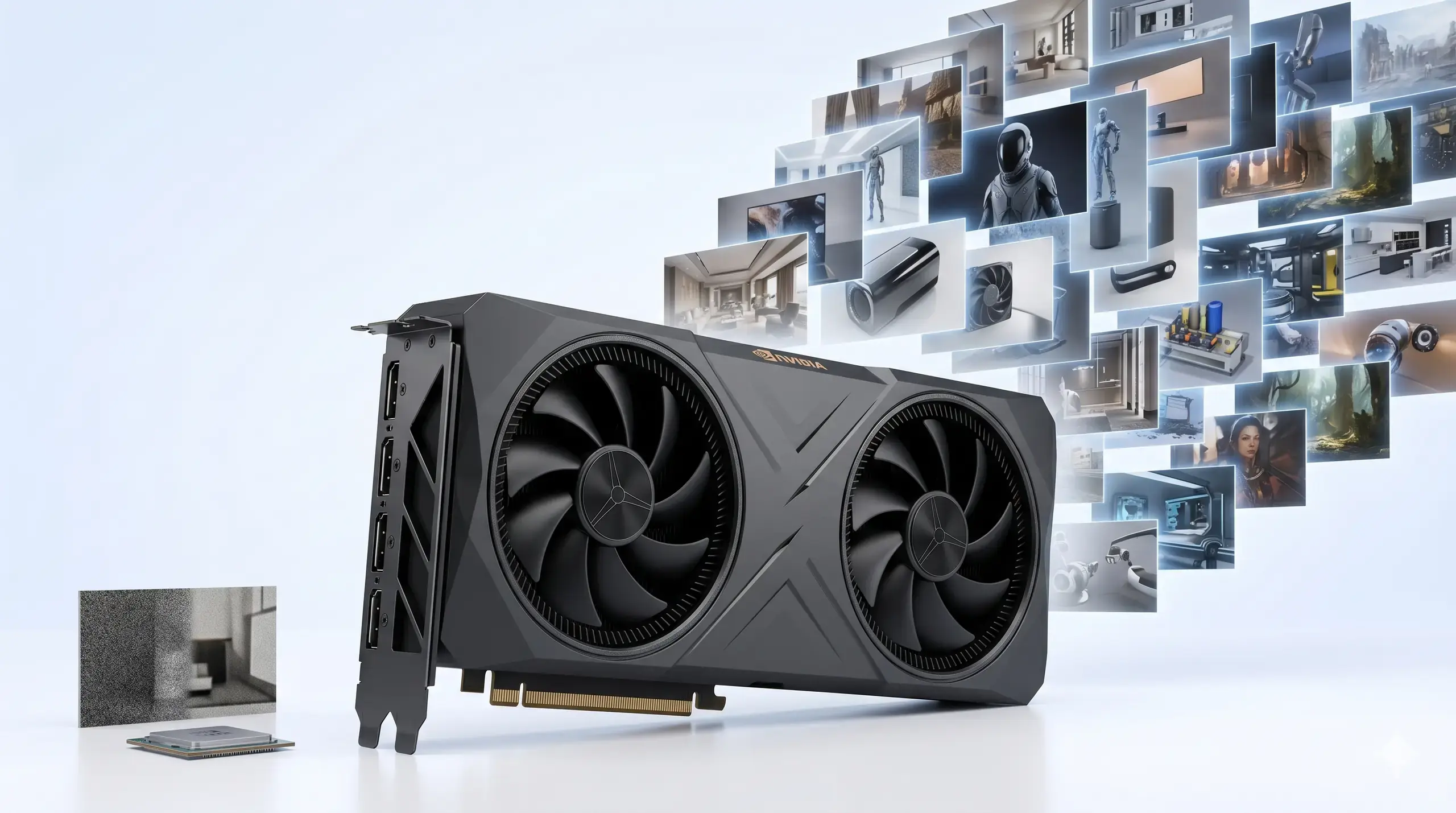 RTX PRO 6000 Blackwell GPU pouring out finished render frames; a small CPU in the corner beside one half-rendered frame