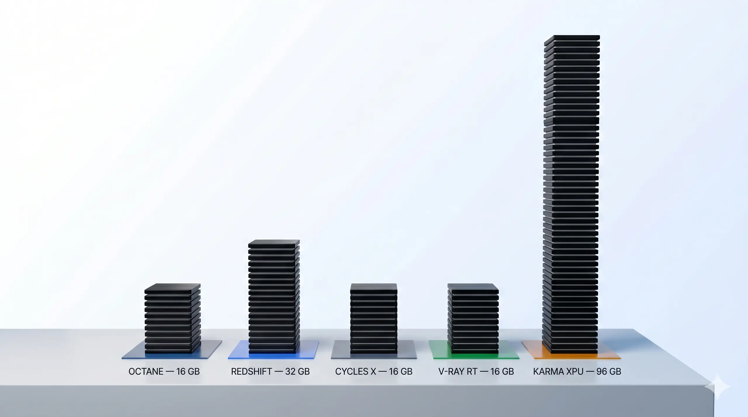 VRAM tower chart: V-Ray RT 16 GB, Octane and Cycles X 32 GB, Redshift 32 GB, Karma XPU 96 GB across five render engines