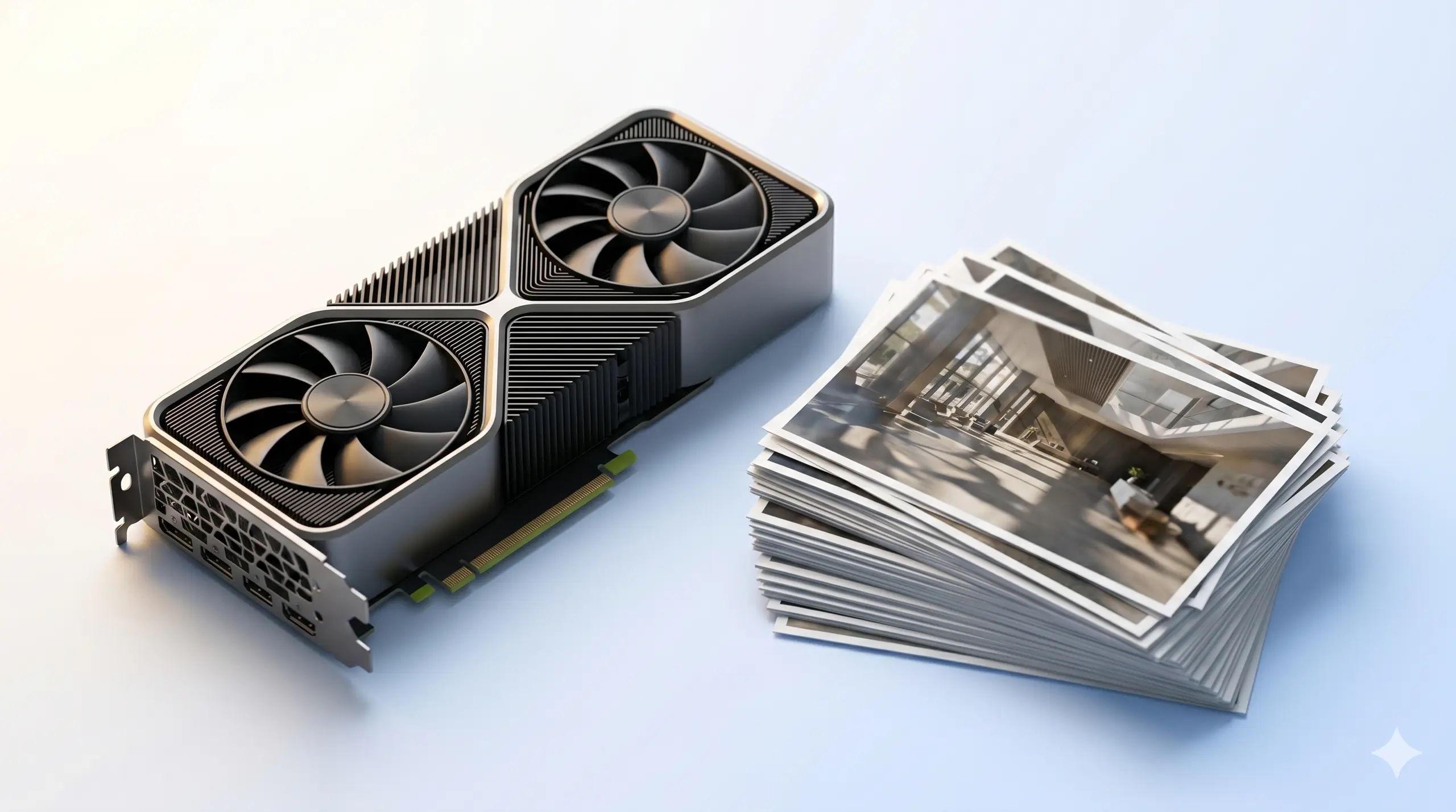 An RTX-class GPU on a studio surface beside a thick fanned stack of just-finished render-frame proofs