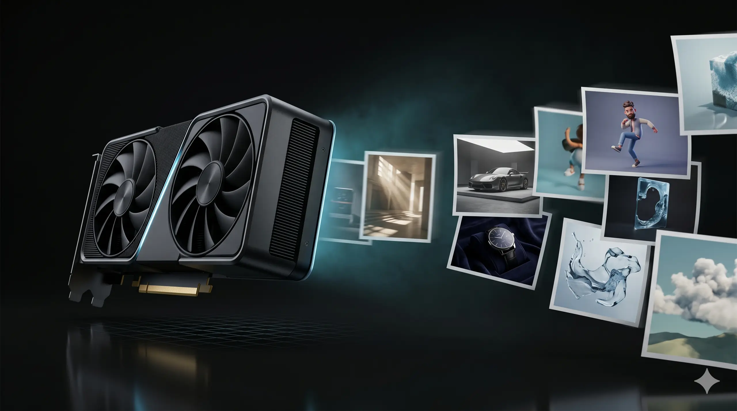 Pro graphics card on a dark studio surface, six finished photoreal render frames cascading out to the right