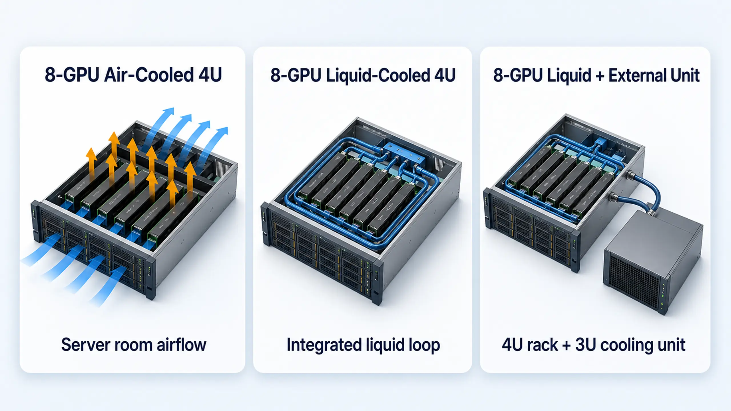 Cooling options for 8-GPU AI servers including air-cooled data-center racks and liquid-cooled office deployments
