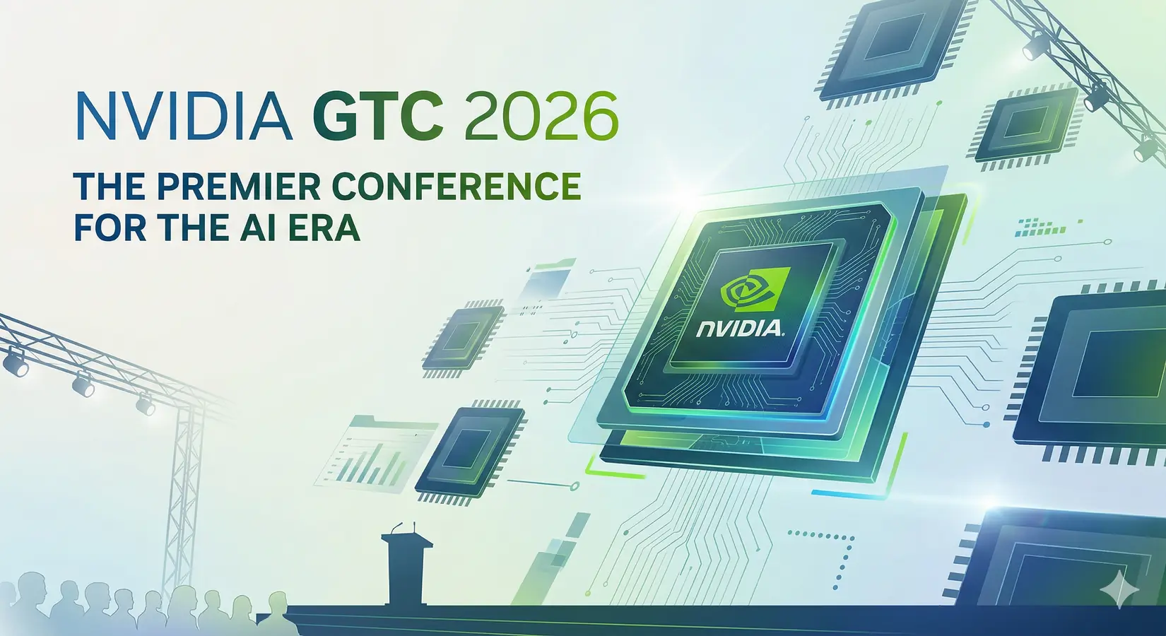 NVIDIA GTC 2026 keynote stage with Jensen Huang presenting Vera Rubin GPU architecture and Blackwell production updates