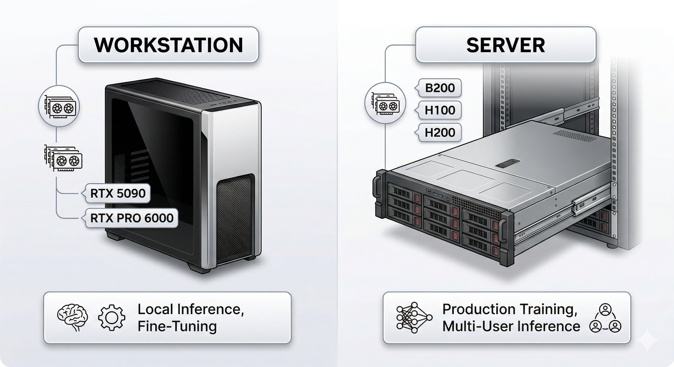 GPU deployment comparison: workstation (RTX PRO 6000, RTX 5090) for local inference vs server (B200, H100/H200) for production training