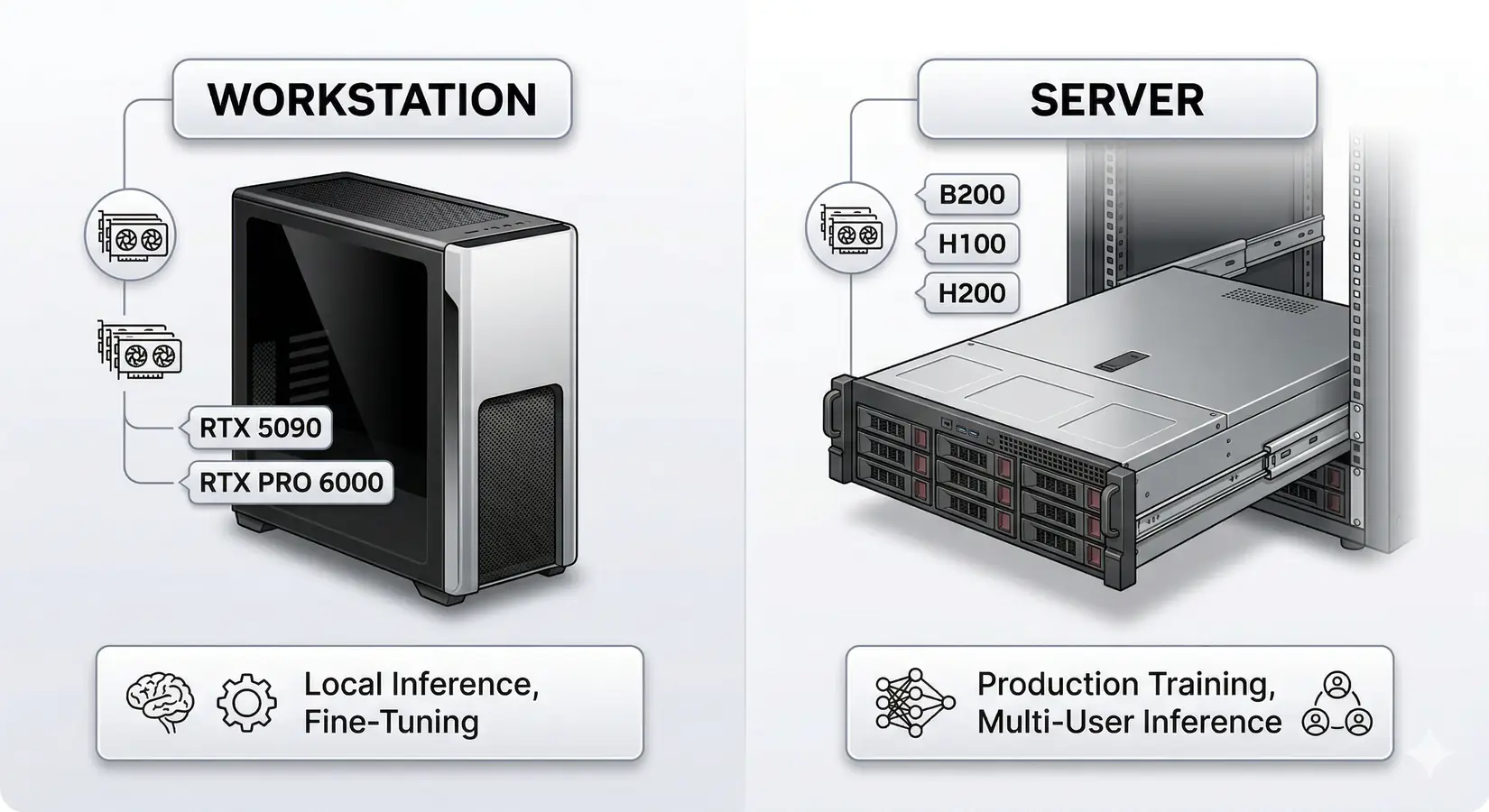 GPU deployment comparison: workstation (RTX PRO 6000, RTX 5090) for local inference vs server (B200, H100/H200) for production training
