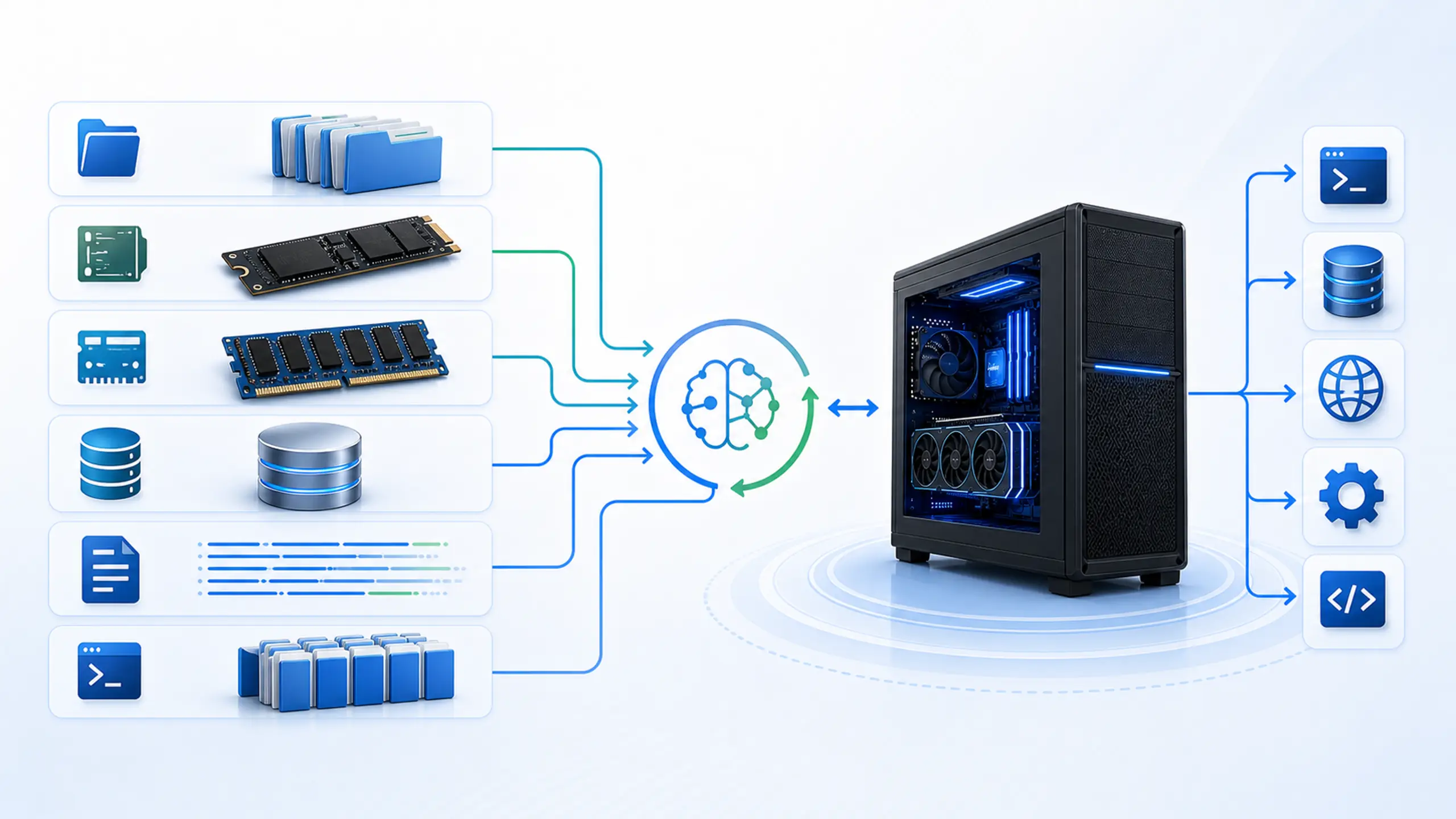Local AI agent context and tool flow with folders, NVMe storage, RAM, logs, workstation, and tool services