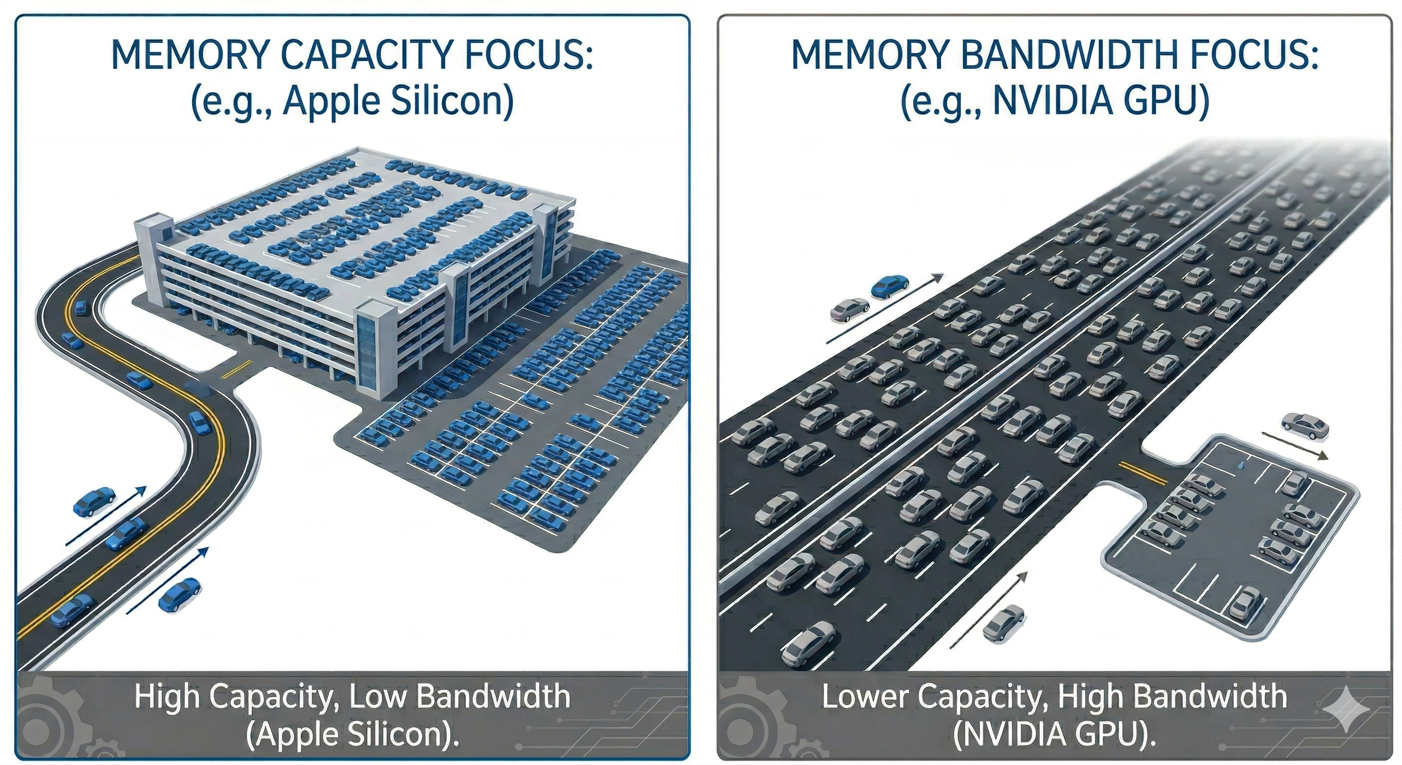 Bandwidth versus capacity diagram showing highway width analogy for LLM inference