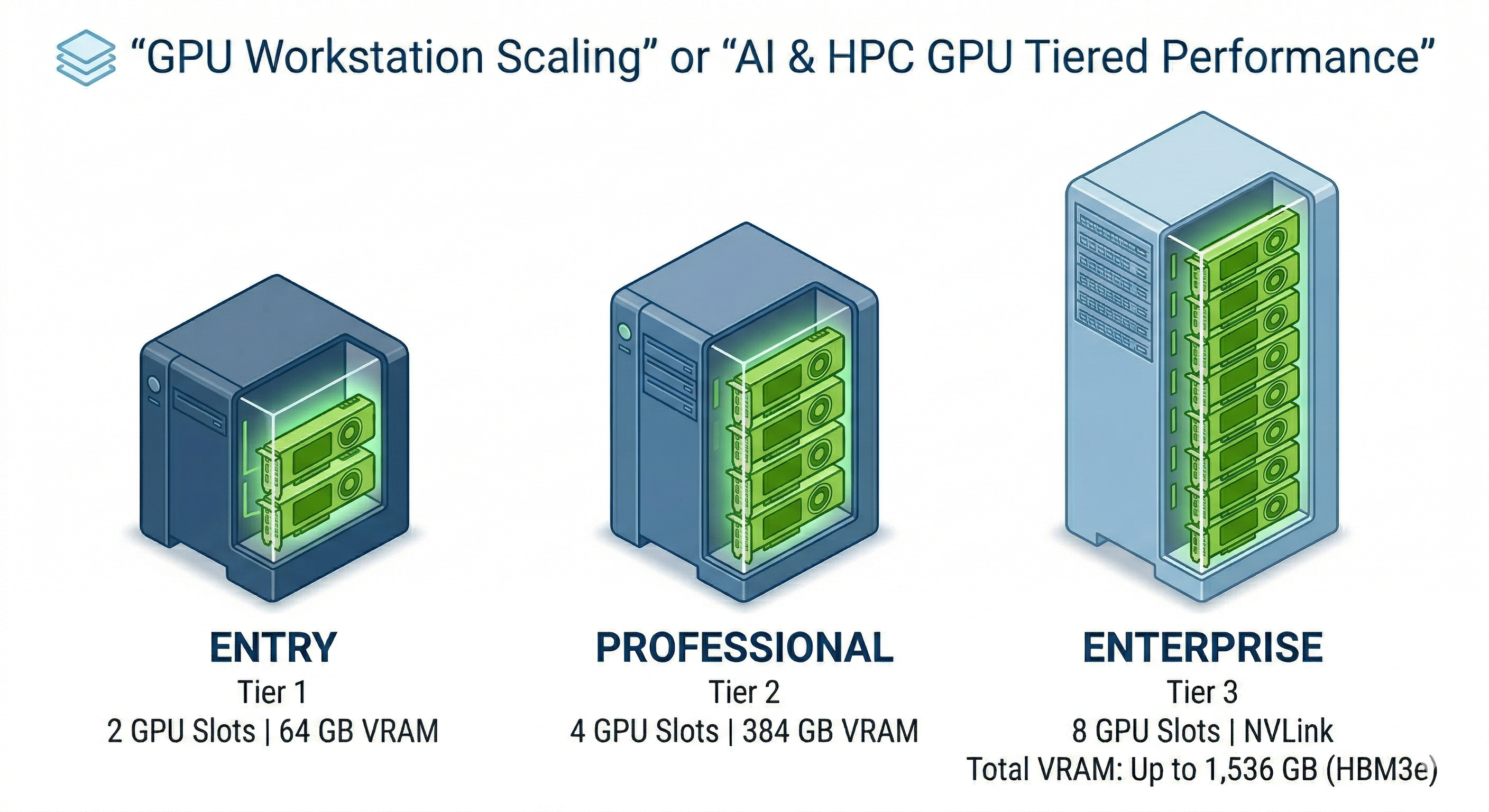 BIZON workstation lineup showing entry, professional, and enterprise GPU configurations for LLM inference
