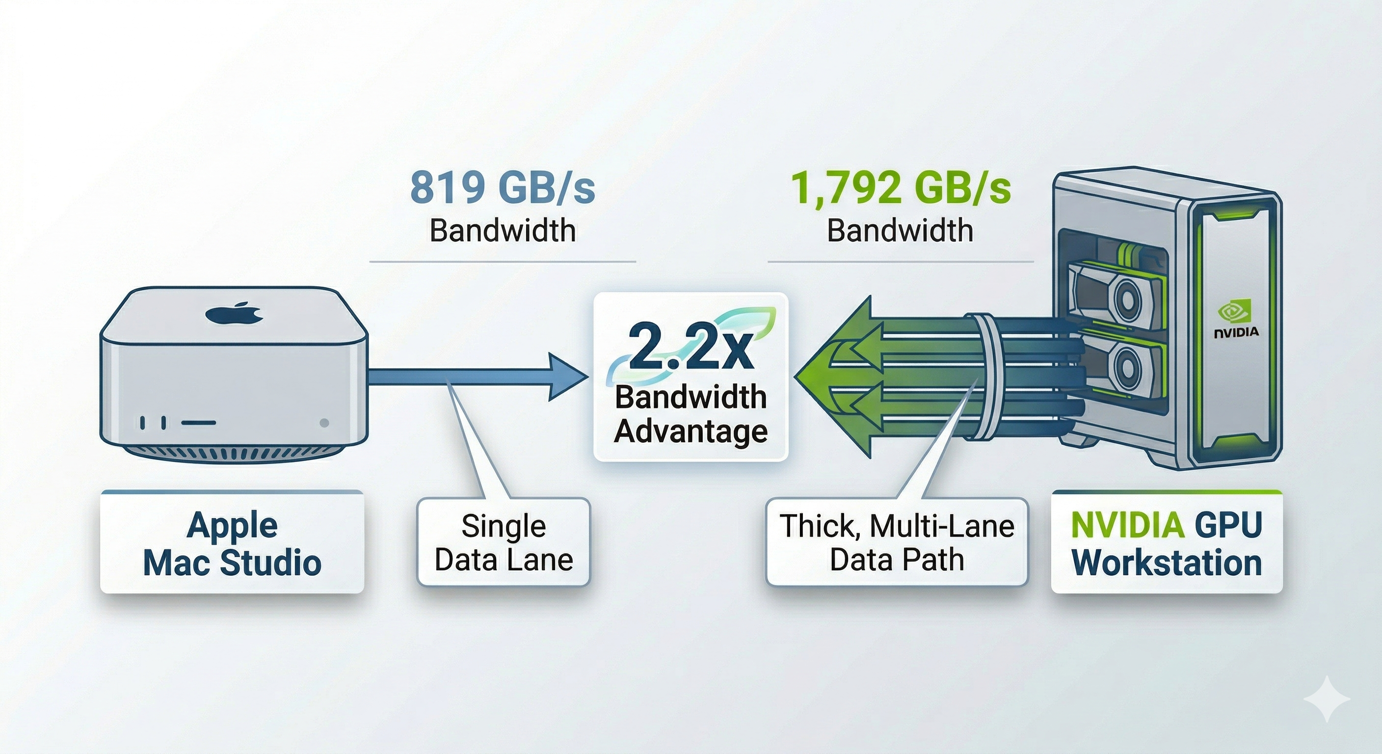Mac Studio vs NVIDIA GPU workstation bandwidth comparison showing 819 GB/s versus 1,792 GB/s