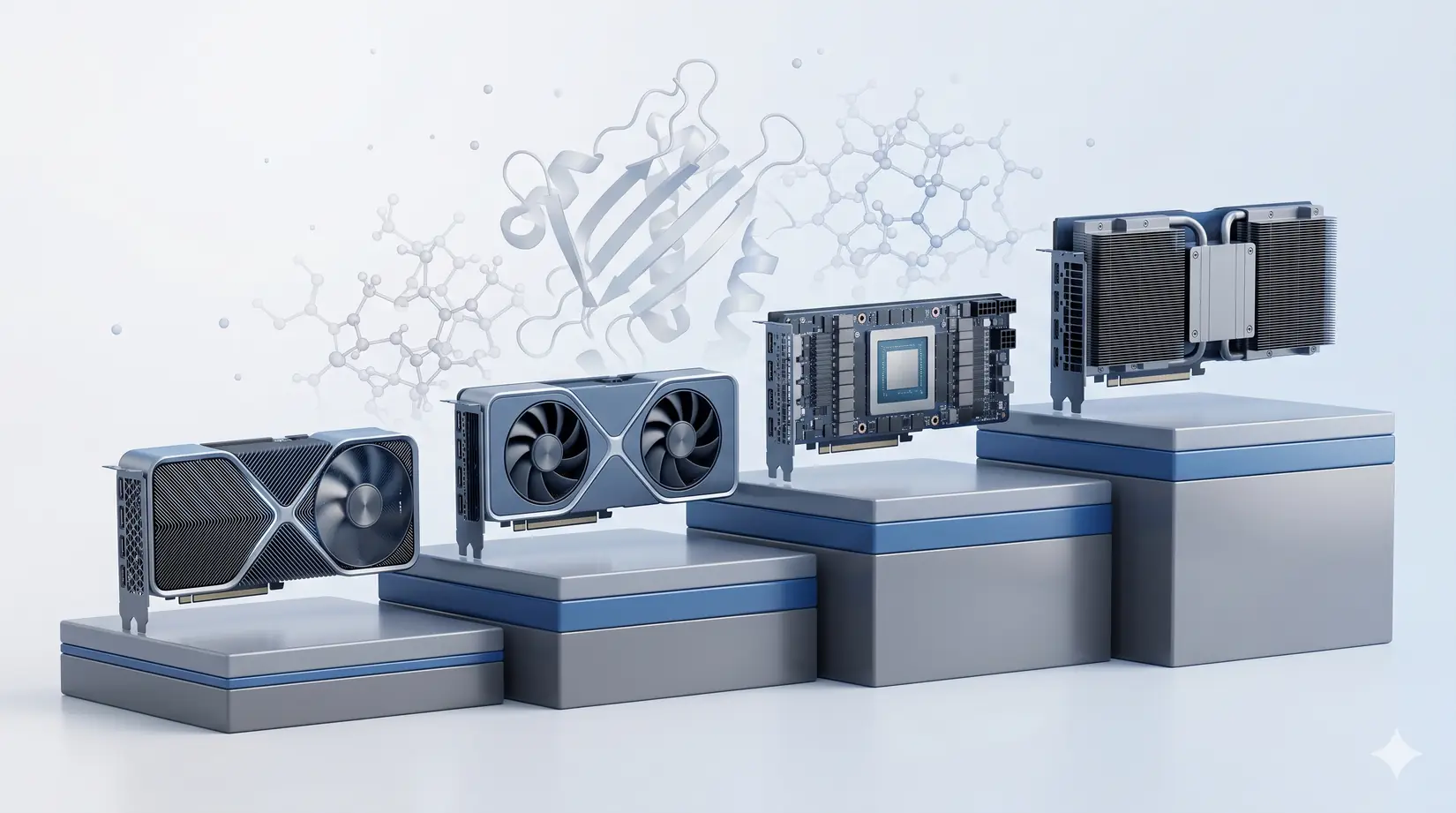 Side-by-side RTX 5090, RTX PRO 6000, H100, and H200 GPUs for MD in 2026, over a faint protein structure backdrop