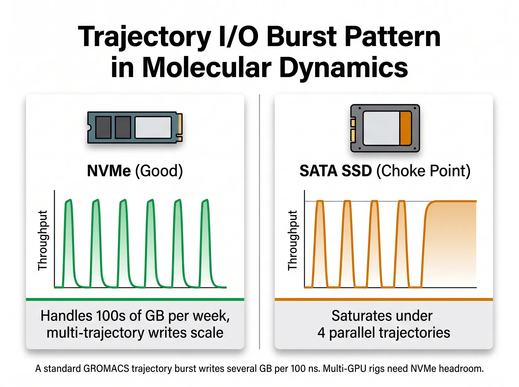 NVMe versus SATA SSD comparison for molecular dynamics trajectory I/O under multi-trajectory workloads