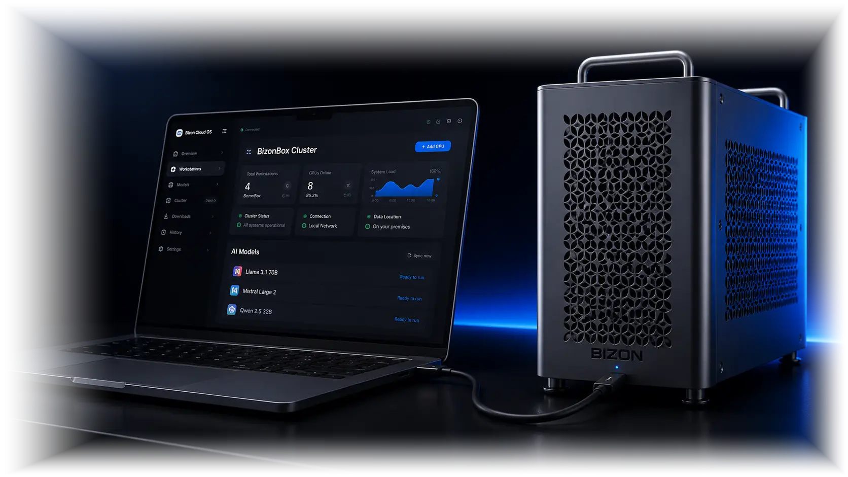 Bizon Z-Hub App running on a MacBook, connected to a BIZON GPU workstation