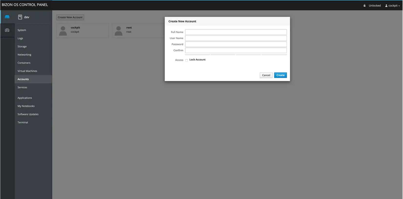 Bizon Control Panel Accounts
