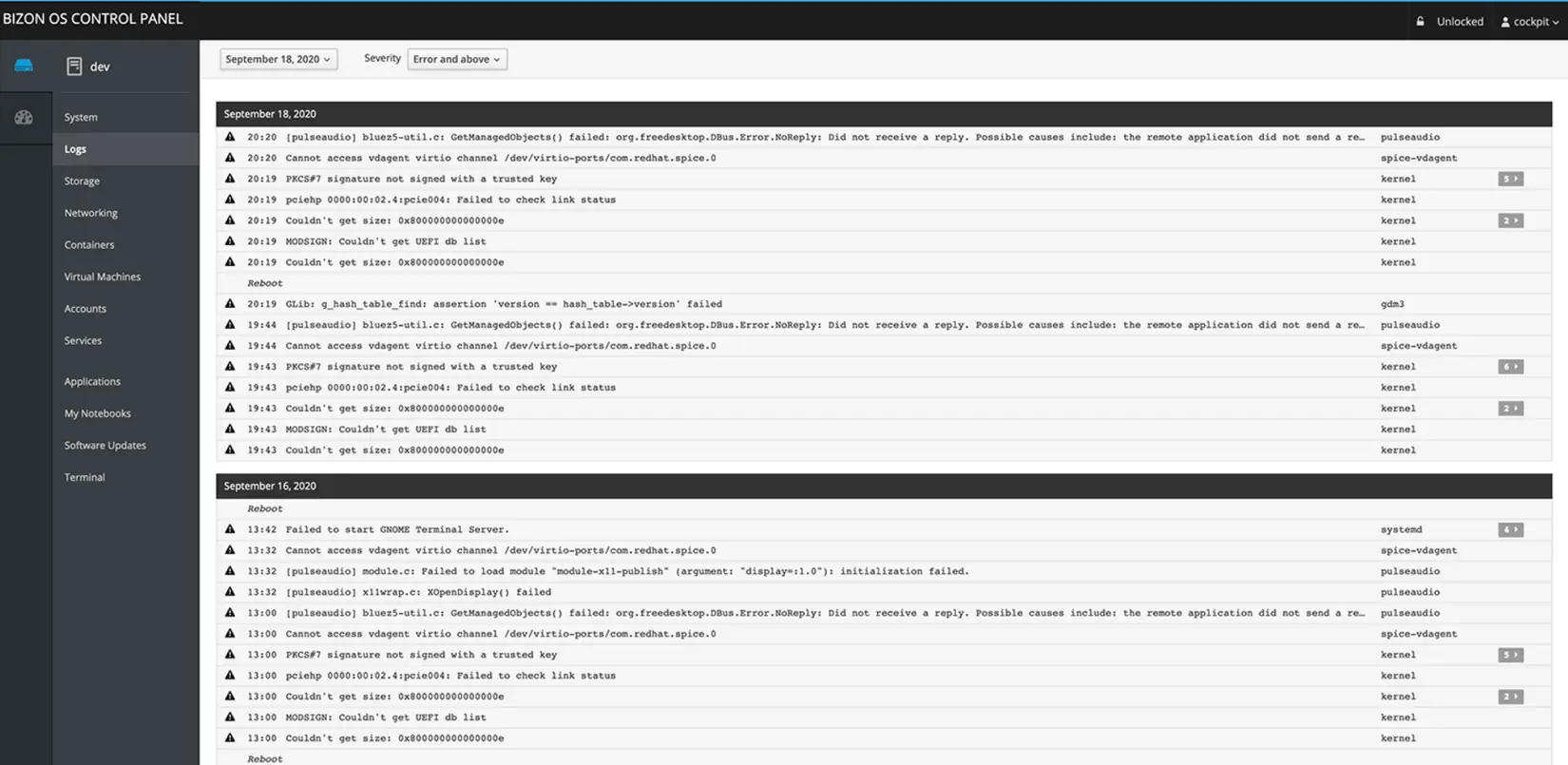 Bizon Control Panel Logs